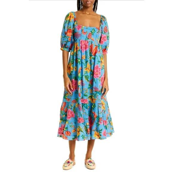 FARM RIO TOUCANS GARDEN MIDI DRESS IN BLUE Womens Small - Picture 1 of 9